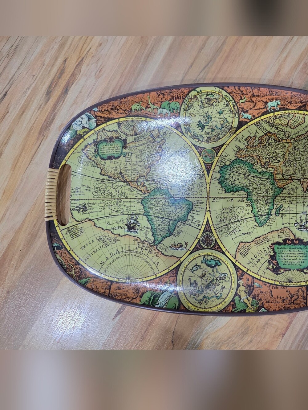 Vintage World Map Serving Tray - Green & Tan